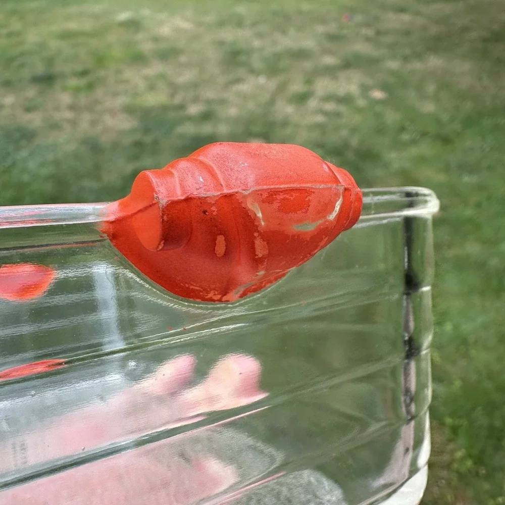 Vintage GLASBAKE #59 Clear Glass Loaf Pan Baking Dish Ornate Orange Handles USA